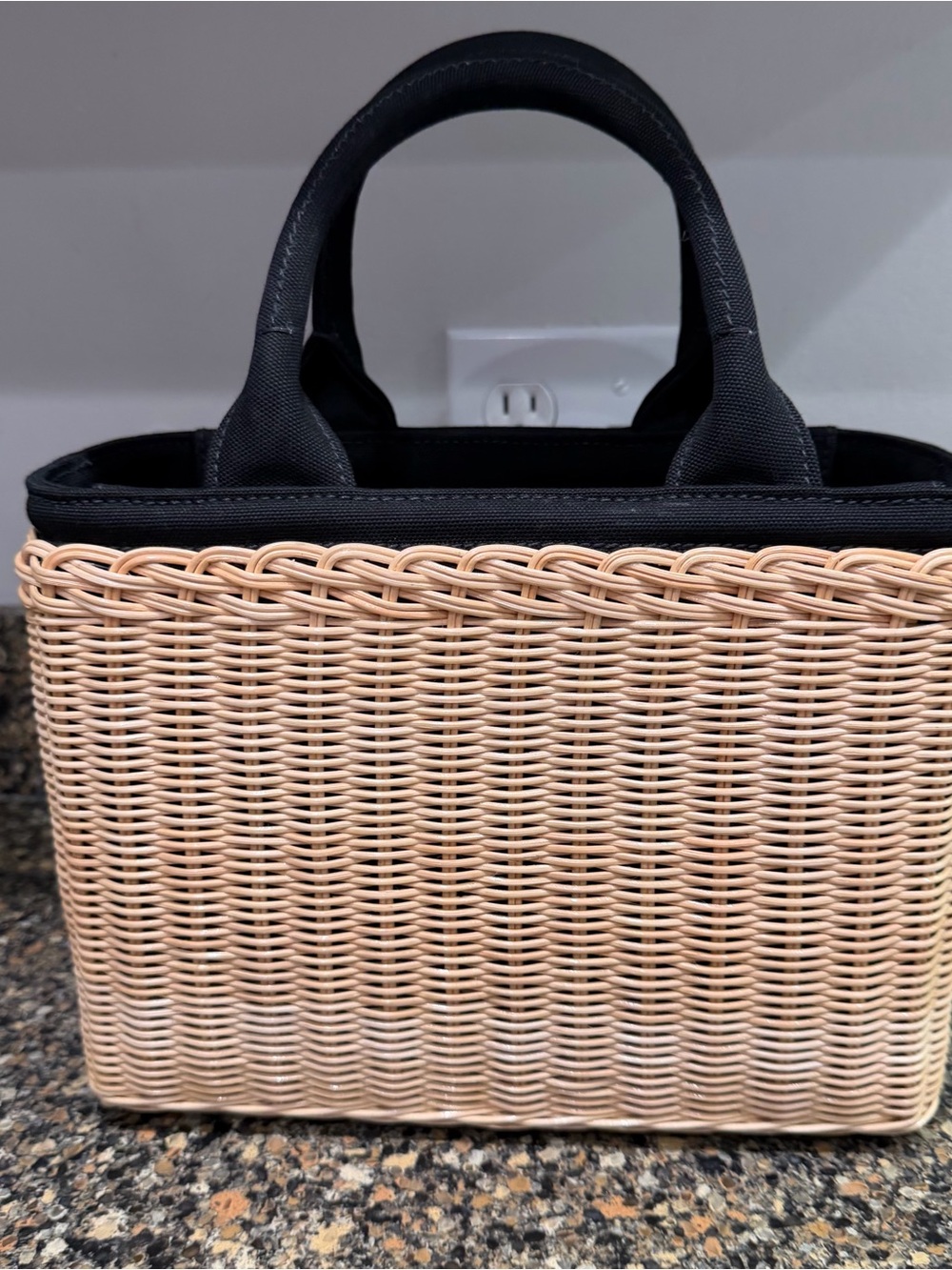 Prada Beige Wicker Tote with Black Leather Trim and Strap - Picture 4 of 13